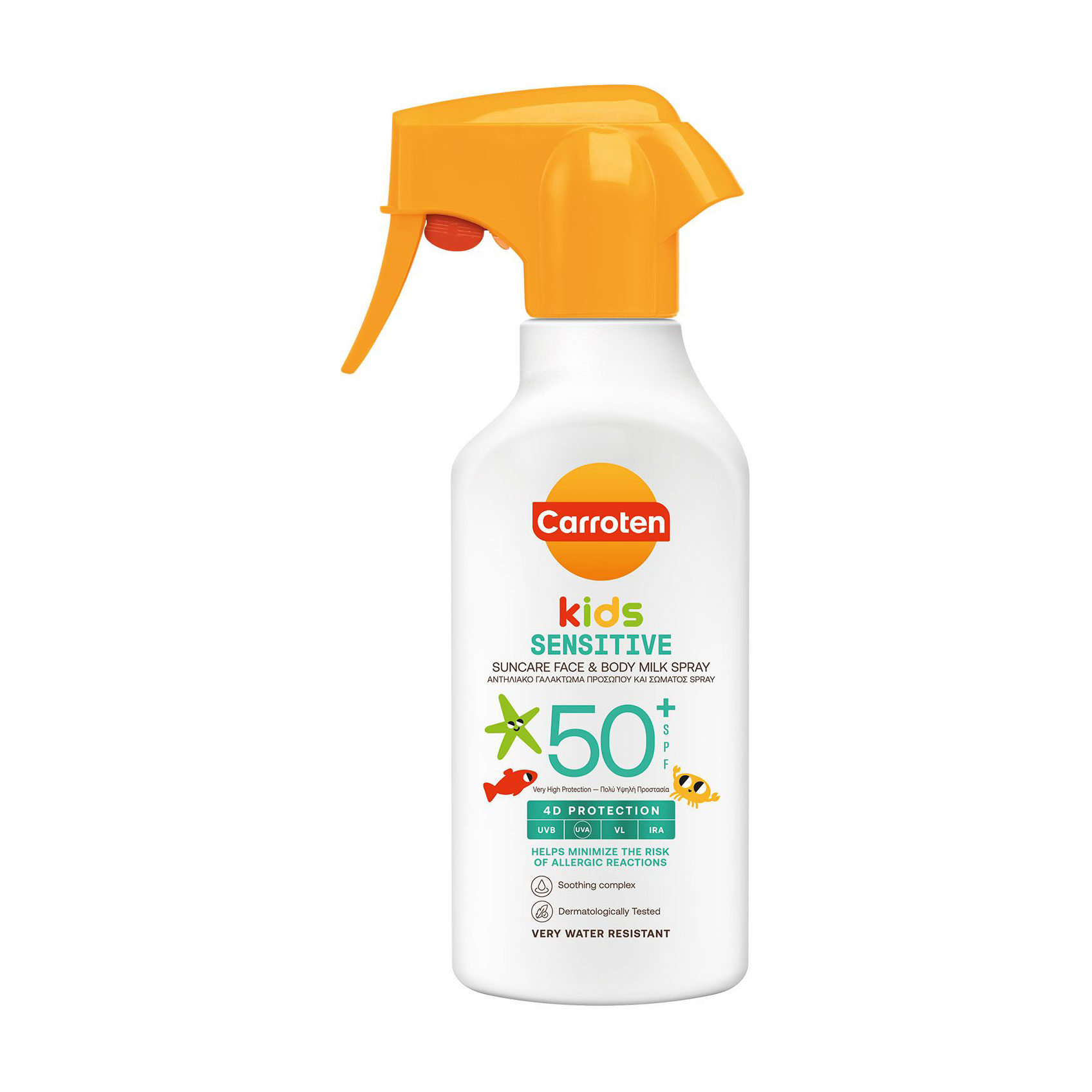 Дитяче сонцезахисне молочко-спрей для обличчя та тіла Carroten Kids Sensitive Suncare Face &amp; Body Milk Spray для чутливої шкіри, SPF 50+, 270 мл